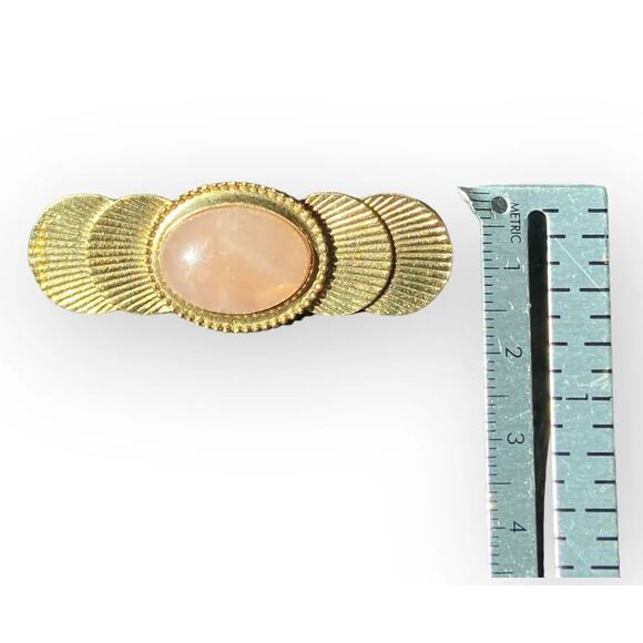 Vintage Rose Quartz Brooch Gold Tone Pink Cabochon Gemstone Shells Pin - Picture 5 of 6